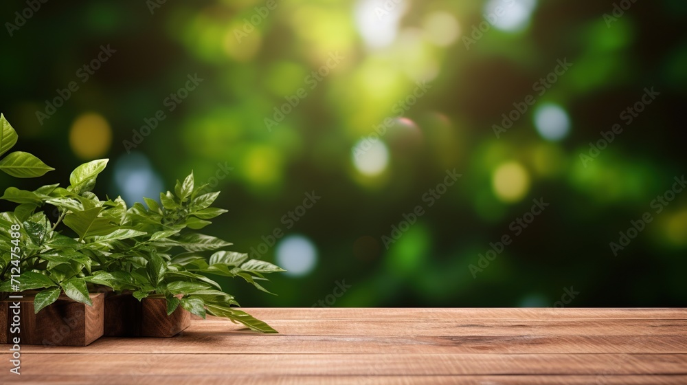 Wooden table for product display and presentation on a foliage bokeh background. Generative AI
