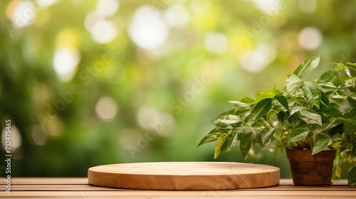 Wooden table for product display and presentation on a foliage bokeh background. Generative AI