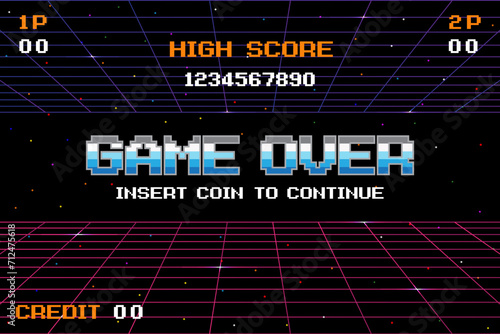 GAME OVER INSERT A COIN TO CONTINUE .pixel art .8 bit game. retro game. for game assets .Retro Futurism Sci-Fi Background. glowing neon grid. and stars from vintage arcade computer games