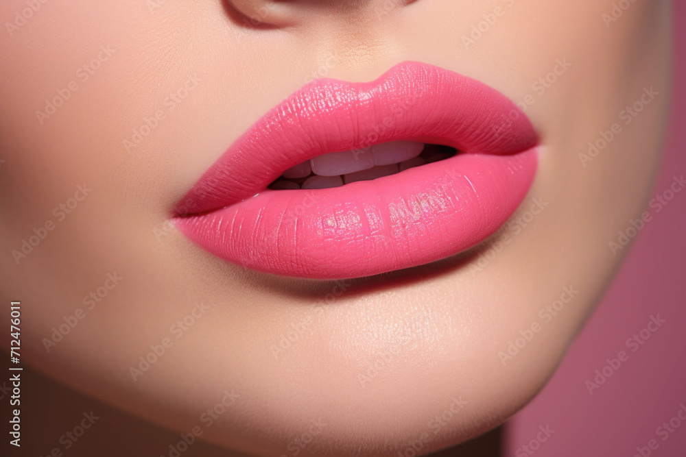 Close up view of beautiful woman lips with pink lipstick. Cosmetology, drugstore or fashion makeup concept. Close up view of beautiful woman lips with pink lipstick. Cosmetology, drugstore or fashion makeup concept.