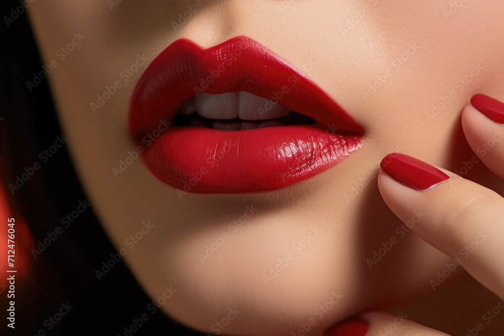 Close up view of beautiful woman lips with red lipstick. Cosmetology, drugstore or fashion makeup concept. Close up view of beautiful woman lips with red lipstick. Cosmetology, drugstore or fashion makeup concept.