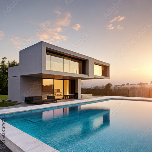 Exterior of modern minimalist cubic villa with swimming pool at sunset. © netsay