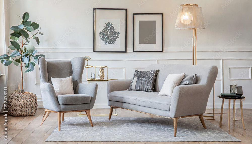 Grey armchair near beige loveseat sofa against white wall with poster frames. Japandi home interior design of modern living room. Grey armchair near beige loveseat sofa against white wall with poster frames. Japandi home interior design of modern living room.