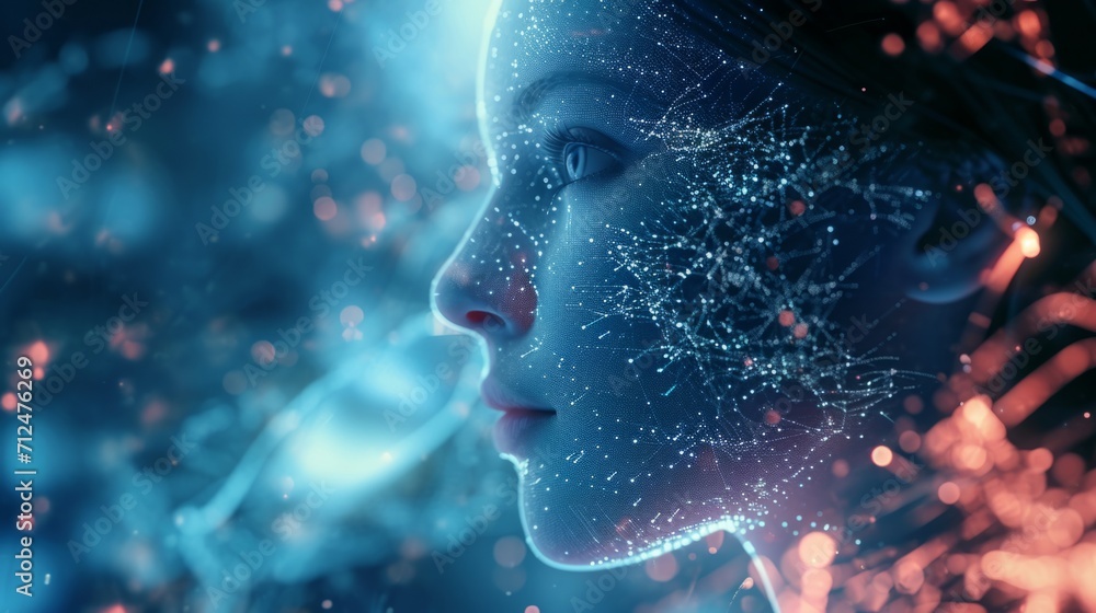 The girl's face with elements of an interactive glowing interface. AI and Human interface with beautiful futuristic bliss  - obrazy, fototapety, plakaty 
