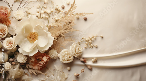 Flat lay texture background with wedding decoration , light , ethereal , light coming from the left side , wedding flat lay.
