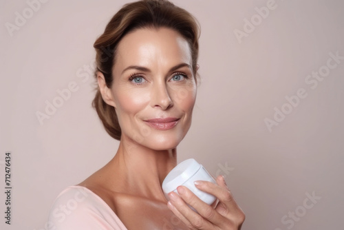 Beauty close up portrait of middle aged woman with a healthy glowing skin holding a skincare product
