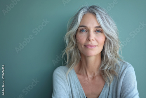 Smiling attractive woman 40s years old look to the camera, isolated on blue background with copy space. 