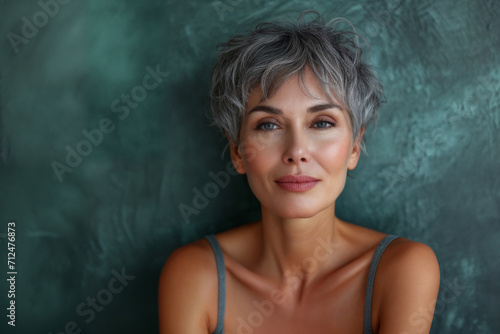 Smiling attractive woman 40s years old look to the camera, in front of blue wall.. 