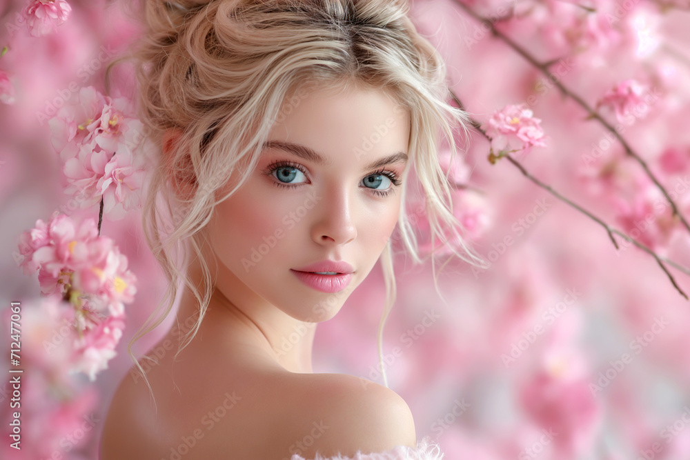 beautiful woman with pink flowers portrait, young glamour and luxury female with perfect skin