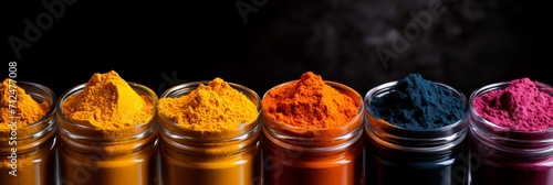 Colorful assortment of aromatic spices in glass jars for cooking and seasoning recipes. Banner. Panoramic.