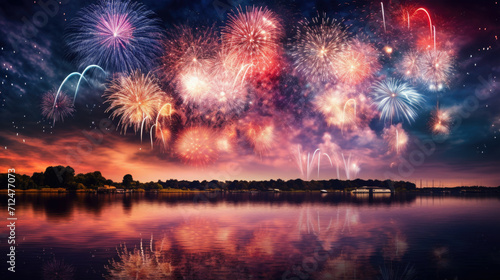 Beauty of the fireworks reflect on river or lake water