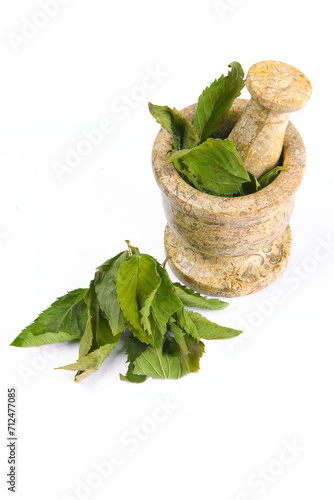 dry mint leaves and mortar on a white background