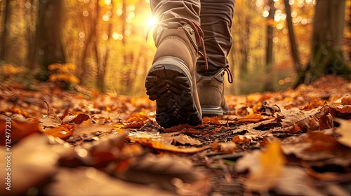  photo of a group of tourists walking along a path in an autumn forest. Close-up on diverse footwear, surrounded by fallen leaves, morning light filtering through trees