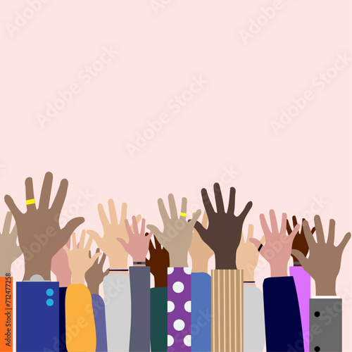 Group of multi ethnic people raising hands in agreement, Community or togetherness concept
