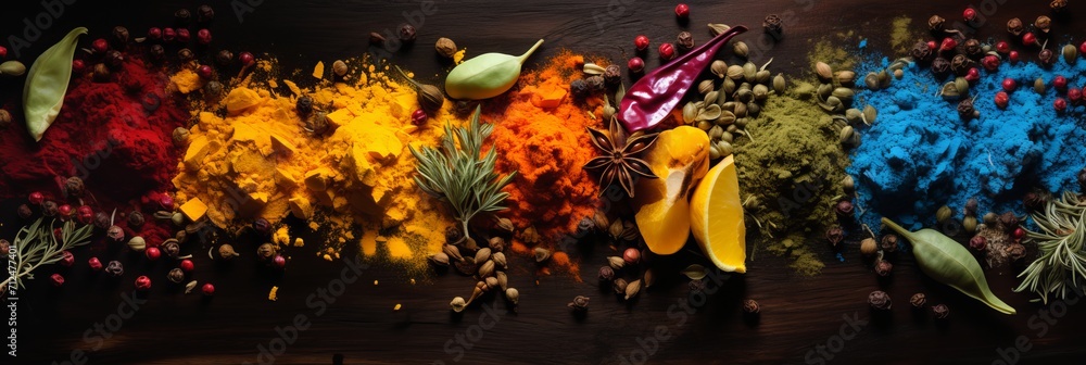 Exquisite Array of Vibrant Spices. A Captivating Concept for Flavorful Culinary Delights. Banner. Panoramic.