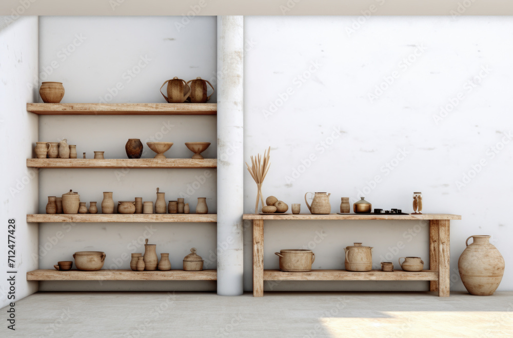 Stylish scandi cuisine interior decor. Ceramic plates, dishes, utensils and cozy decor on wooden shelfs. Kitchen wooden shelves with various ceramic jars and cookware. Open shelves in the kitchen Stylish scandi cuisine interior decor. Ceramic plates, dishes, utensils and cozy decor on wooden shelfs. Kitchen wooden shelves with various ceramic jars and cookware. Open shelves in the kitchen