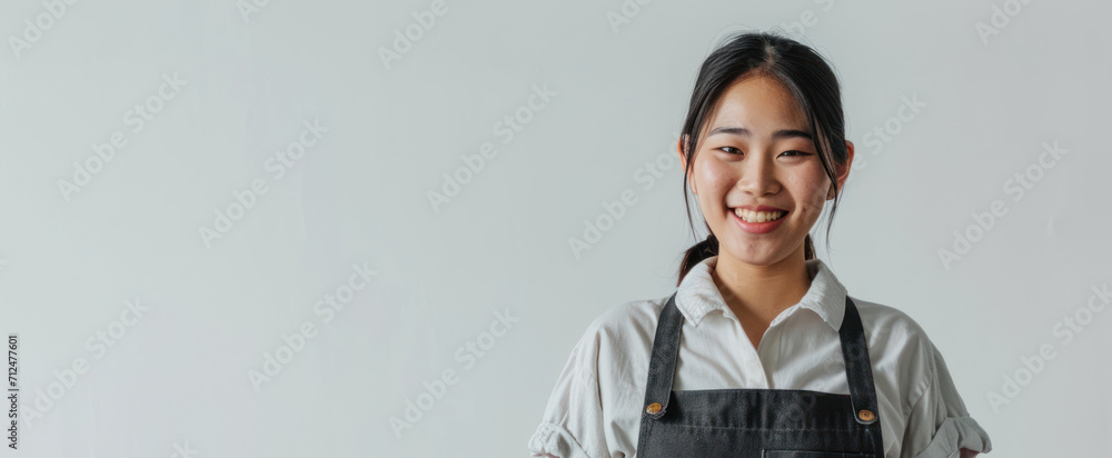 young smiling welcome asian female woman business owner wear apron hand holding tablet ready for your order on white color background, restaurant, pretty, uniform - obrazy, fototapety, plakaty 
