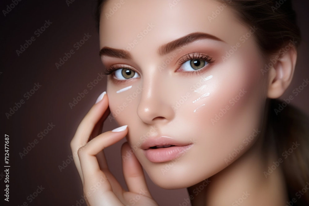 Beauty close up portrait of a young woman with a healthy glowing skin applying a skincare product Beauty close up portrait of a young woman with a healthy glowing skin applying a skincare product