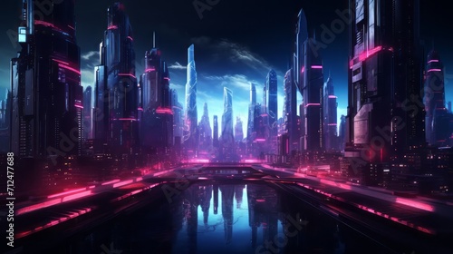 futuristic cyberpunk neon cityscape at night - 3d illustration of a retro future urban scene with vibrant lights - sci-fi background wallpaper photo