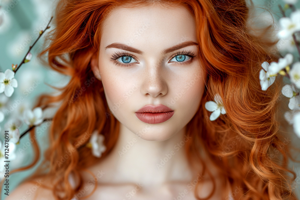 Fototapeta premium fashion portrait of a face of a young redhead woman on branching spring blossoming cherry trees