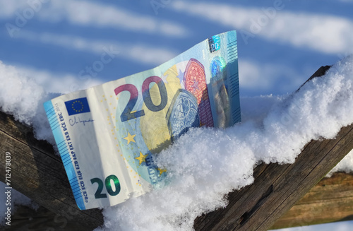 20 euro banknote stuck on a fence in the snow