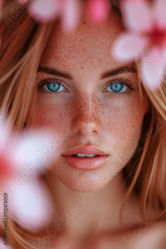 close up beautiful young woman portrait with perfect care on spring background