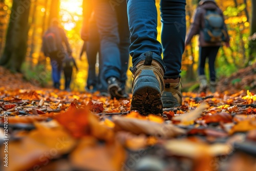 photo of a group of tourists walking along a path in an autumn forest. Close-up on diverse footwear, surrounded by fallen leaves, morning light filtering through trees