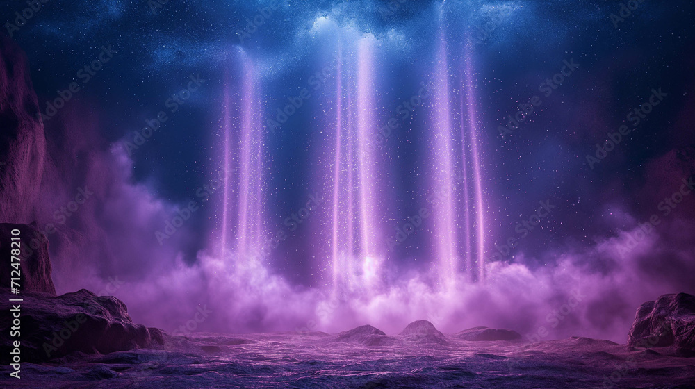 Fantasy illustration of vibrant purple aurora borealis lights over a rocky, otherworldly terrain under a starry sky.
