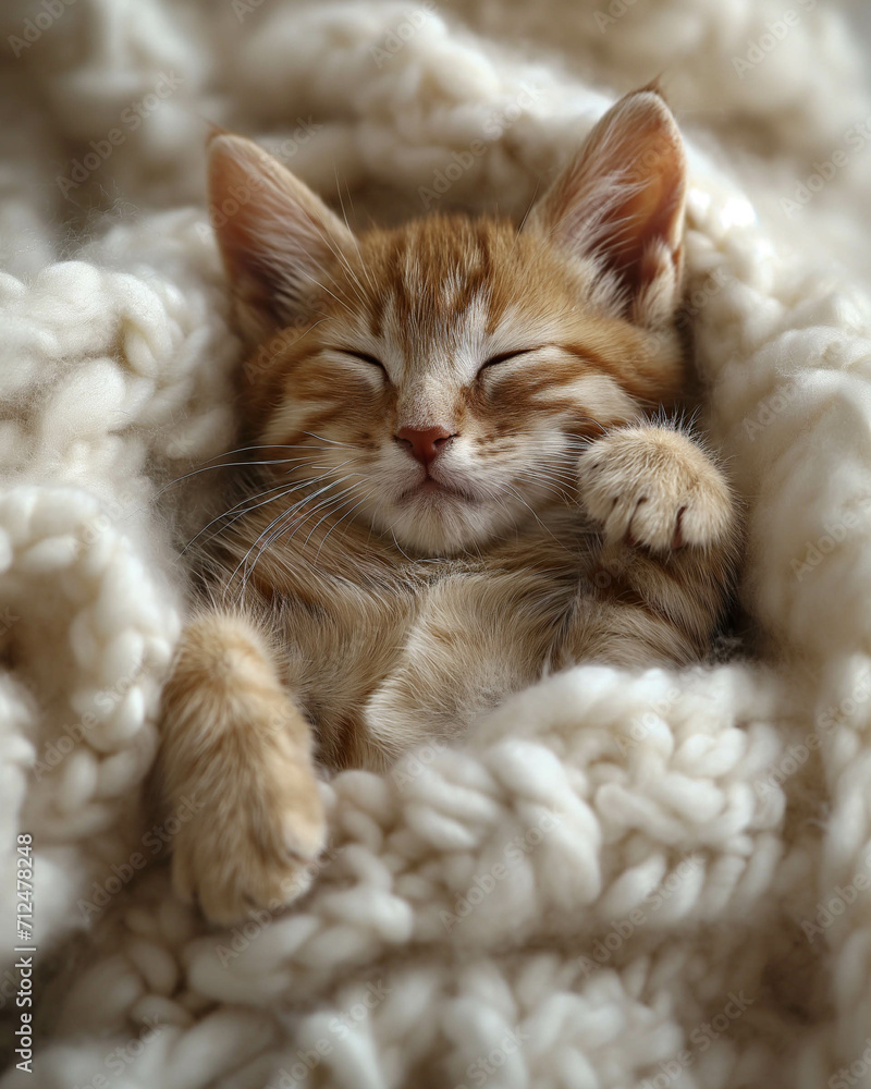 The kitten is the embodiment of serenity, enveloped in the cozy embrace of the plush fabric.  