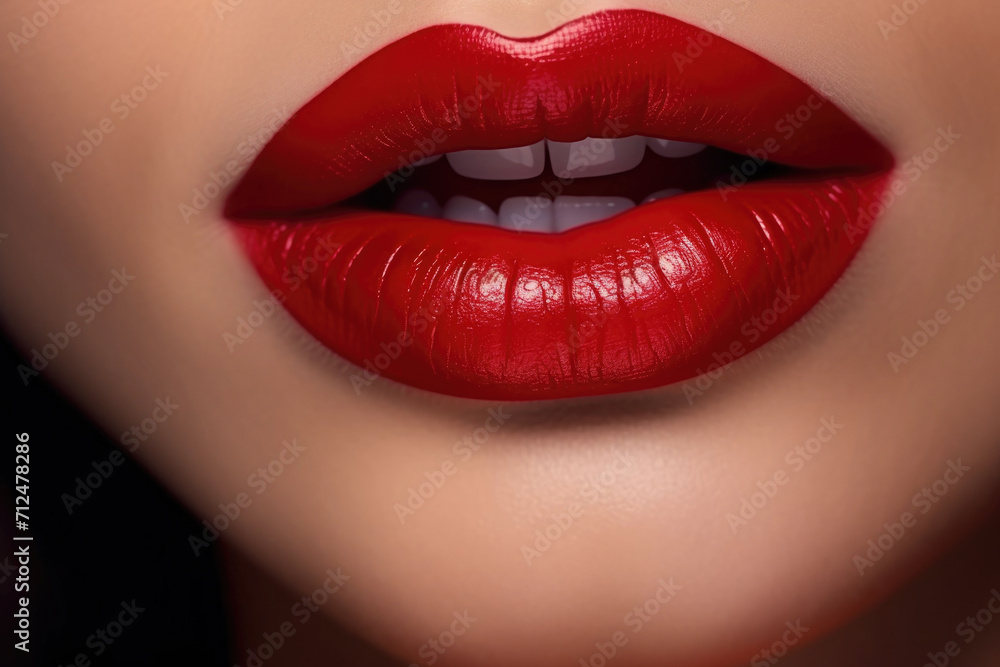 Close up view of beautiful woman lips with red lipstick. Cosmetology, drugstore or fashion makeup concept. Close up view of beautiful woman lips with red lipstick. Cosmetology, drugstore or fashion makeup concept.