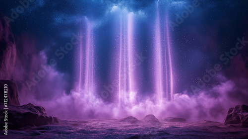 Fantasy illustration of vibrant purple aurora borealis lights over a rocky  otherworldly terrain under a starry sky. 