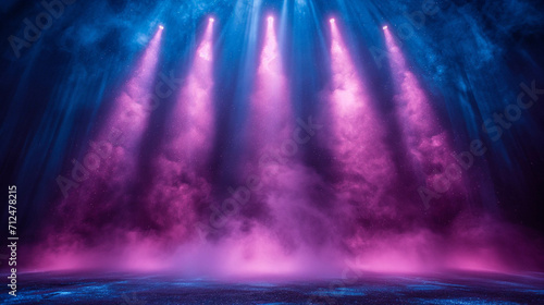 Fantasy illustration of vibrant purple aurora borealis lights over a rocky, otherworldly terrain under a starry sky. 