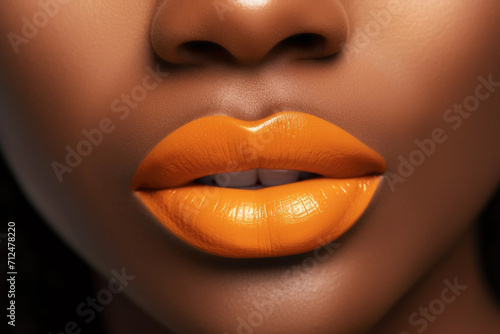 Close up view of beautiful black woman lips with bright orange lipstick. Cosmetology, drugstore or fashion makeup concept.