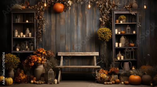 Embrace the cozy allure of fall with this captivating image featuring a rusted wooden backdrop beautifully complemented by the warmth of rustic pumpkins