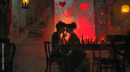 Two women express their love for each other through a passionate kiss while sitting at an elegant table surrounded by beautiful art and stylish indoor furniture
