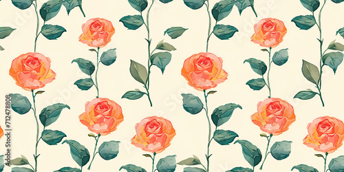 Watercolor seamless pattern with orange roses. Elegance. Wallpaper. Print for fabric, textile, paper, interior, gift paper. Blue and white.