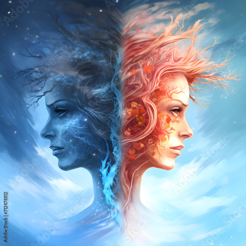 The elemental spirits of hot and cold, of fire and water l, as young women, standing back to back. Visualisation of battle and complementarity between those two elements.  photo