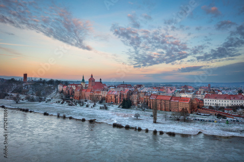 Granaries of Grudziadz city by the Vistula river at snowy winter. Poland