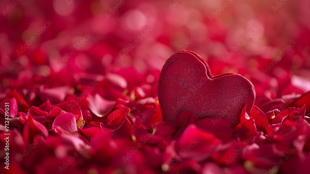 A symbol of love and romance, a heart-shaped object rests upon a bed of vibrant rose petals in shades of pink, red, magenta, and coquelicot, evoking the essence of valentine's day in an outdoor setti A symbol of love and romance, a heart-shaped object rests upon a bed of vibrant rose petals in shades of pink, red, magenta, and coquelicot, evoking the essence of valentine's day in an outdoor setti