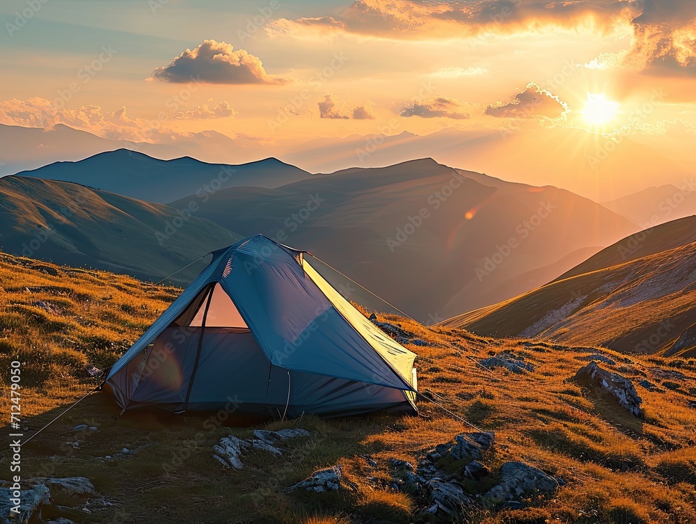 camping tent on a mountaintop, captured at the golden hour of sunset. Soft sun rays, panoramic view of rugged mountains, serene solitude. Created Using: dynamic lighting, wide-angle shot, rich color p