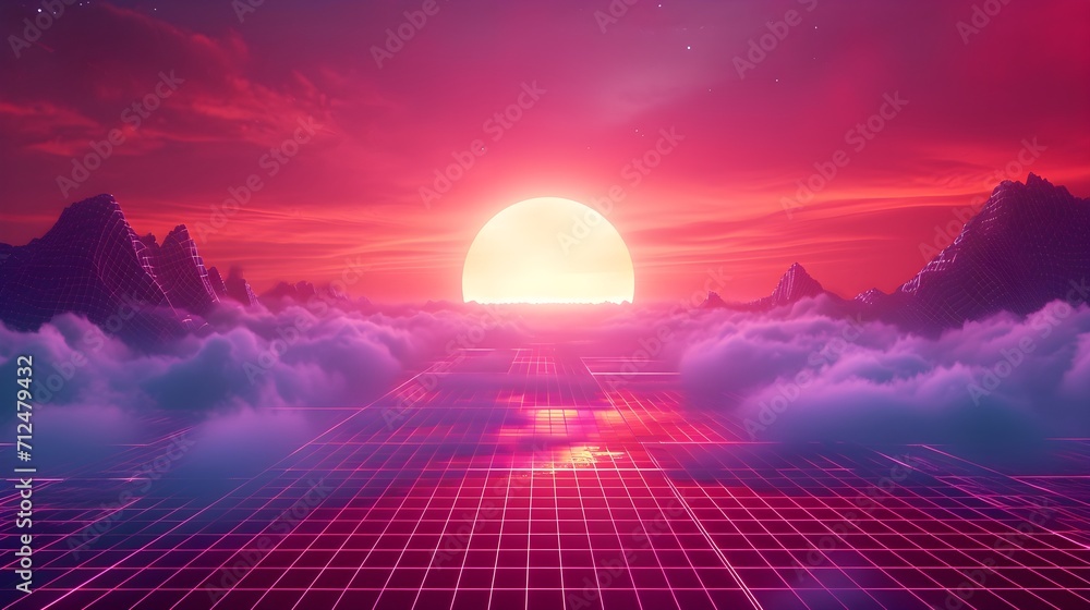wireframe net sunset illustration, abstract digital background Retrofuturism, Retro wave lights background vector.