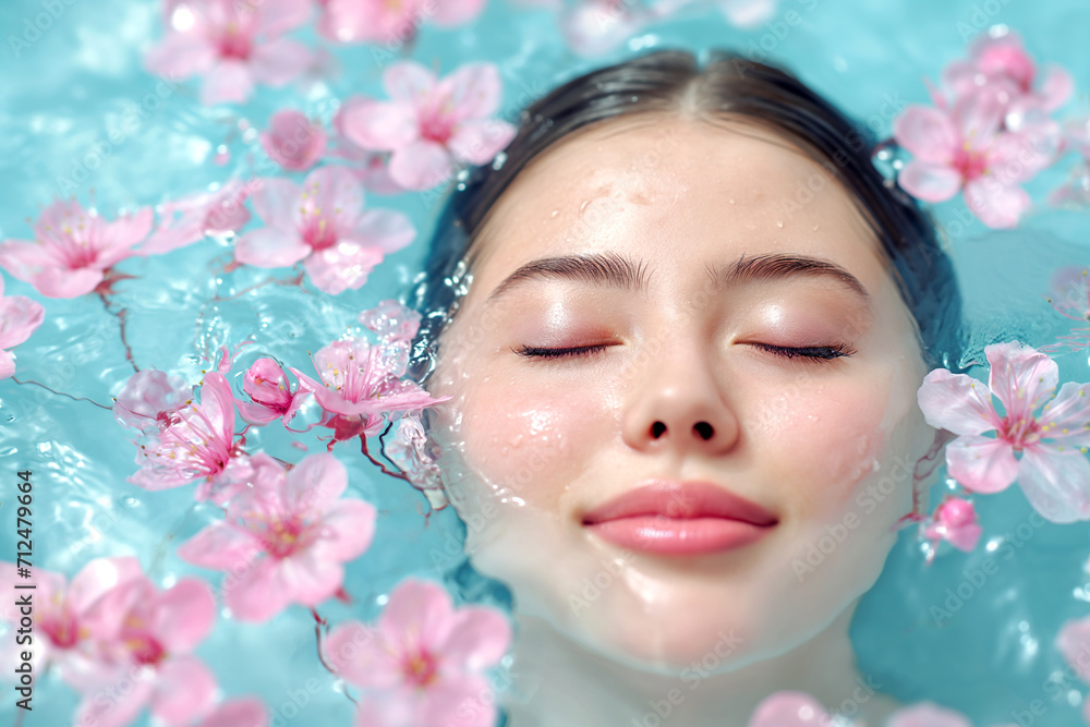 woman smiling relaxing in bath with flowers woman smiling relaxing in bath with flowers