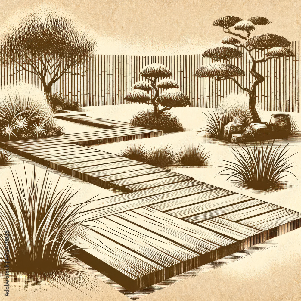 A retro-style Zen garden illustration in sepia tones. A retro-style Zen garden illustration in sepia tones.