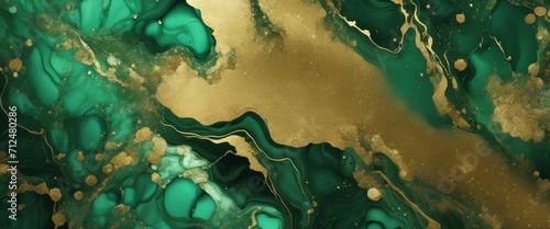 Luxury green and gold stone marble texture. Alcohol ink technique abstract background.