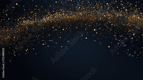 Golden particles or foil texture on dark blue background for holiday and celebration concept. Created with Generative AI