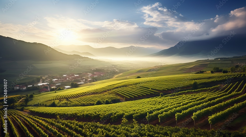 Sunset Over Vineyards with Misty Mountain Backdrop