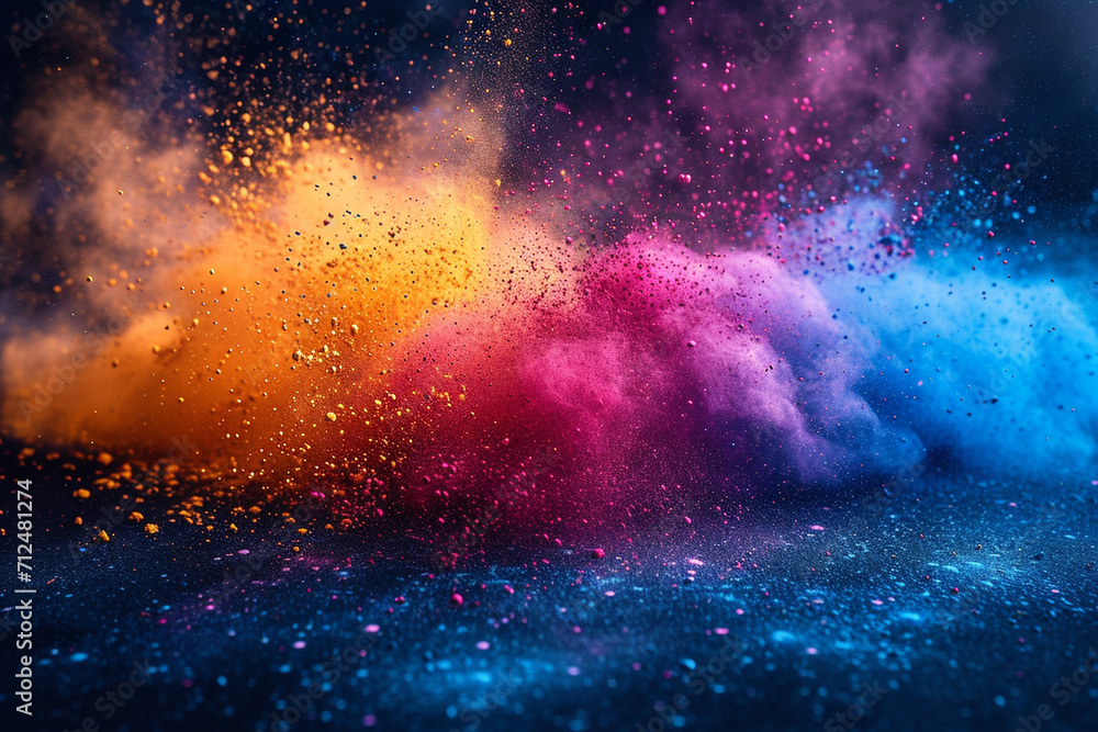 Clouds of bright, multicolored powder floating in the air, forming an abstract and colorful haze for the Holi, festival