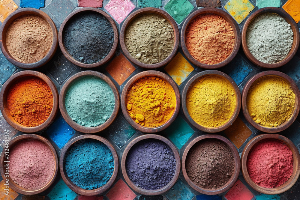 A flat lay of various colored powders arranged in geometric patterns, symbolizing the harmony and joy of Holi, festival A flat lay of various colored powders arranged in geometric patterns, symbolizing the harmony and joy of Holi, festival