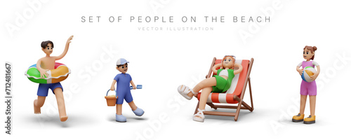 People on beach. Set of realistic figures of vacationers. Boy with inflatable circle, kid with sand shovel, girl with striped ball, woman sitting in deck chair