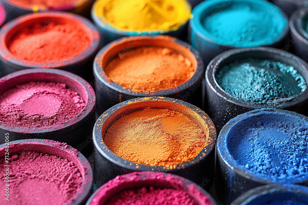 A vivid mosaic made from Holi colored powders, carefully arranged to create a festive and joyous atmosphere for Holi, festival A vivid mosaic made from Holi colored powders, carefully arranged to create a festive and joyous atmosphere for Holi, festival